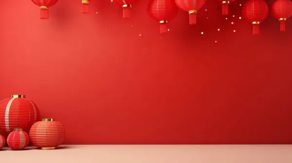 Lunar Chinese new year background with element decorative red background. key decoration lantern, umbrella and flowers for product showcase.