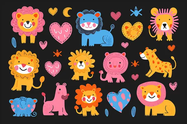 Big vector set with animals in cartoon style with mammals. Cute animals collection: farm animals, wild animals, marina animals isolated on black background. Cute sticker colorful illustration design