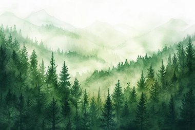 Watercolor forest hill landscape background. Beautiful watercolor nature landscape with forest, trees, nature and sky. Watercolor illustration design elements for landscape background and wallpaper. clipart