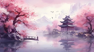 Oriental landscape with a bridge over a river and a pagoda japanese or chinese. Beautiful mountain Fuji and Chureito red pagoda with cherry blossom sakura clipart