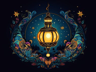 Ramazan Kareem Sınırı, İslami Sanat Tarzı Geçmişi. Ramazan Mübarek 'in sembolleri, Asılı Altın Fenerler, Arap lambaları, fenerler ay, yıldız vektörü ve illüstrasyon