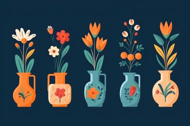 Flat design colorful flower in vase icon set with line art hand drawn vector illustration clipart
