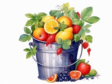 Fresh from nature bucket with full fruits and leaves on isolated white background clipart