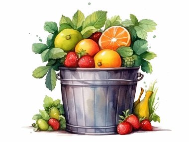 Fresh from nature bucket with full fruits and leaves on isolated white background clipart