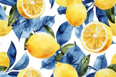 Elle çizilmiş suluboya stili illüstrasyonlu limon meyveli, dikişsiz yaz şablonu vektörü