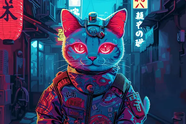 Gato Cibernético Neón Futurista Estilo Cyberpunk Sobre Fondo Negro Luces Gráficos Vectoriales