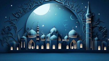 Banner vintage mosque for Ramadan wishing. Arabic shining lamps. Outline golden decor in Eastern style. Islamic background.Ramadan Kareem greeting card, advertising, discount, poster. clipart