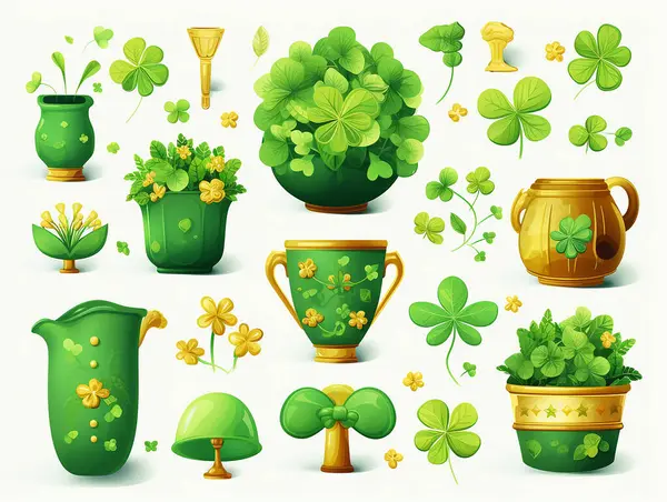 Saint Patrick Day Patty Sticker Vector Set Luck Symbols Green — Stock Vector