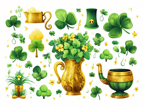 Saint Patrick's Day, St Patty sticker vector set. Luck symbols, green beer, hand holds three and four-leaf clover, a wicker basket full of shamrock, rainbow with a pot of leprechaun gold on the end