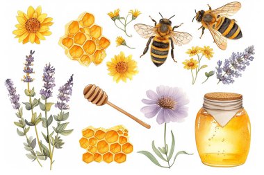 Sarı bal arısı seti ve bal peteği tarlası bitkileri çiçek vektör illüstrasyonu
