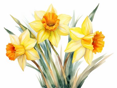Nergis çiçeği sarısı sepetlerde sulu boya, el çizimi bahar çiçekleri koleksiyonu, botanik bitki çizimi, zarif suluboya, beyaz zemin