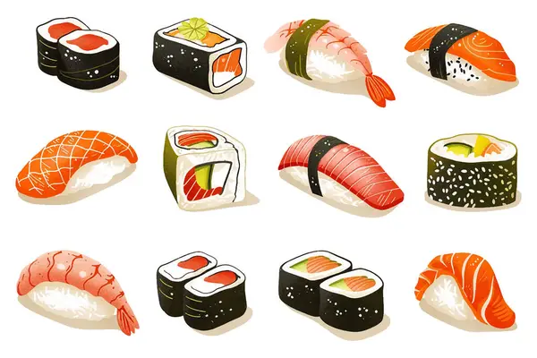 stock vector Set of 3D realistic isometric vector fresh japanese food, sushi design concept collection