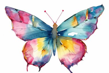 Beyaz arka planda izole edilmiş güzel kelebekler. Kelebek desenli pembe, mavi, turuncu ve yeşil kelebek çizimi