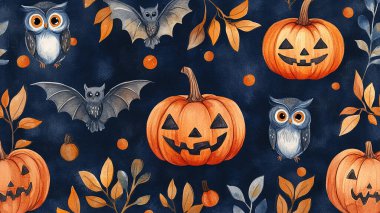 Spooky cute seamless Halloween seamless pattern with Jack-O-Lantern pumpkins, bats, and owls in cheerful watercolor style vector illustration. clipart