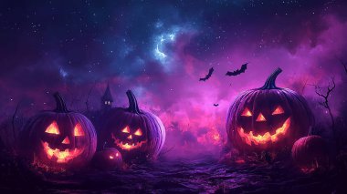 Happy Halloween Background with Pumpkin Jack-O-Lantern, Witch Hat, Ghosts, and Spooky Decorations. Perfect for Trick or Treat Celebrations, Holiday Parties and October 31st Festivities. clipart