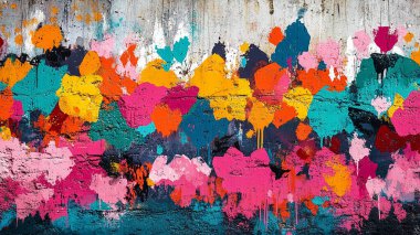 A vibrant, seamless pattern of colorful graffiti art layered on a weathered concrete wall, showcasing urban street art clipart