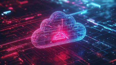 Abstract illustration of cloud security services, stylized cloud icon integrated with a secure padlock symbol, representing data protection and cyber security in cloud computing environments. clipart