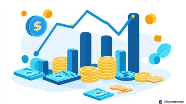 Financial development in business, showcasing increasing profit growth with upward trending graphs, currency symbols, and corporate imagery. clipart