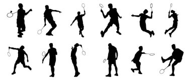 Badminton oynayan insanların vektör simgesi. Çeşitli pozisyonlarda badminton oynayan insanların siluetleri.
