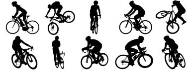 Bisikletçi vektör simgesi. Farklı pozisyonlarda bisiklete binen insan siluetleri. bisiklet, bisiklet, bisiklet, bisiklet, vektör, bisiklet, erkek, ikon, insanlar, illüstrasyon, kadın, kız, erkek, dağ