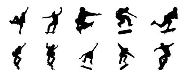 collection of silhouettes of people skateboarding in different positions