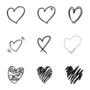 El çizimi kalp sembolü çizimi. tasarım ögesi seti, siyah ve beyaz soyut kalp karalama