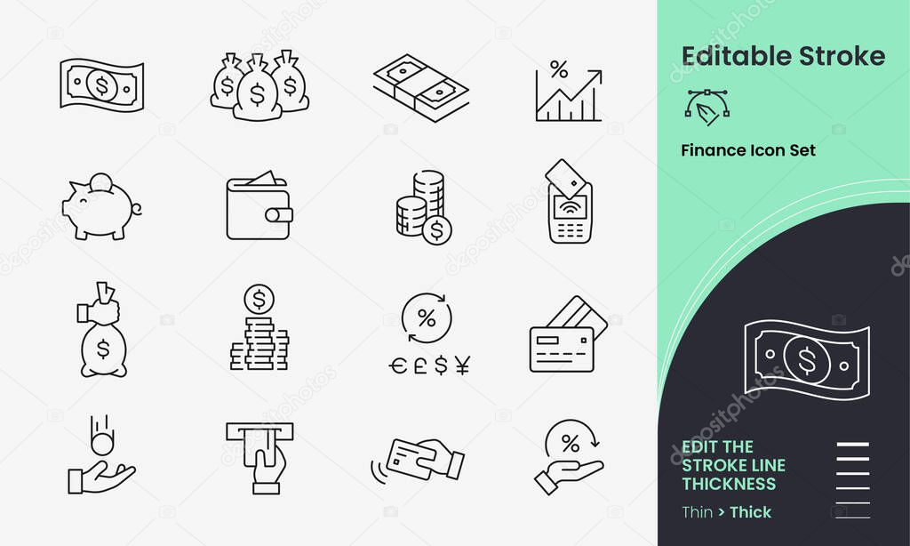 Finance Icon collection containing 16 editable stroke icons. Perfect for logos, stats and infographics. Change the thickness of the line in any vector-capable app.