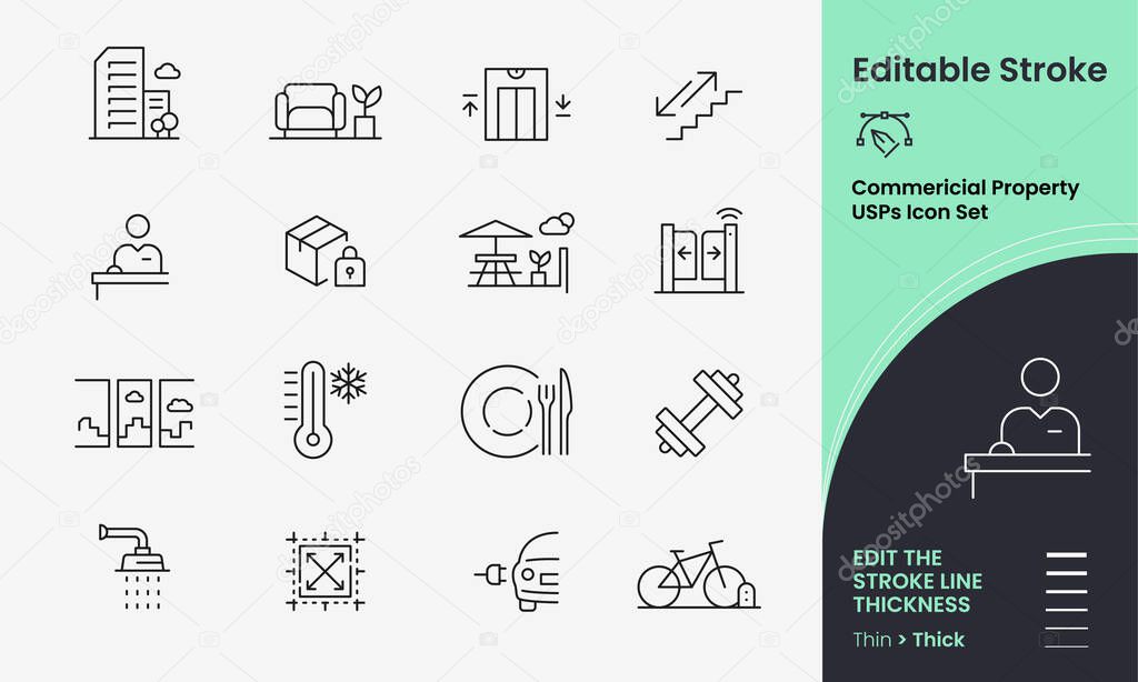 Commercial USPs Icon collection containing 16 editable stroke icons. Perfect for logos, stats and infographics. Edit the thickness of the line in any vector capable app.