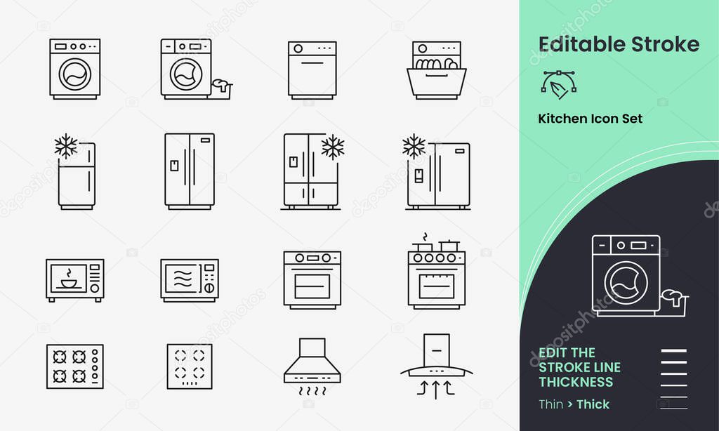 Kitchen large appliances Icon collection containing 16 editable stroke icons. Perfect for logos, stats and infographics. Edit the thickness of the line in any vector capable app.