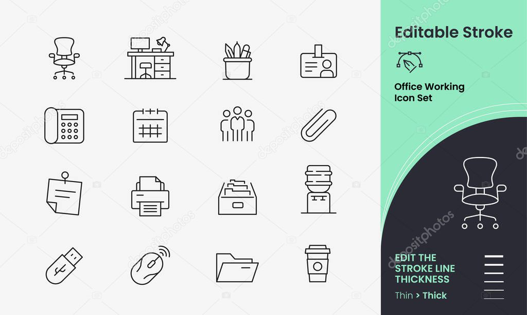 Office Working Icon collection containing 16 editable stroke icons. Perfect for logos, stats and infographics. Edit the thickness of the line in any vector capable app.