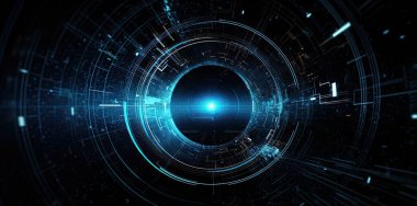 Parlak neon daireleri ve çizgileri olan soyut bir arkaplan. Teknoloji konsepti 3d oluşturma