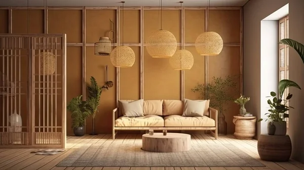 Interior Moderna Sala Estar Con Sofá Suelo Madera —  Fotos de Stock
