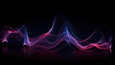 Siyah arkaplanda parlak mavi ve kırmızı ışık, renkli kıvrımlar, açık turuncu ve beyaz, neon gerçekçilik