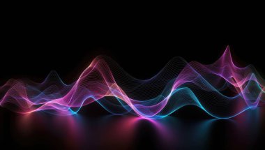 Siyah arkaplanda parlak mavi ve kırmızı ışık, renkli kıvrımlar, açık turuncu ve beyaz, neon gerçekçilik