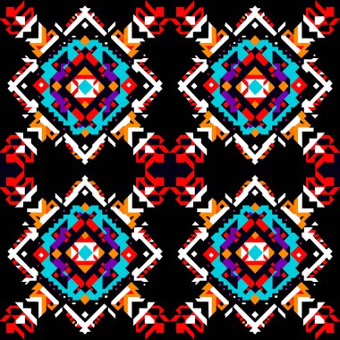 Geometrik etnik model. Piksel deseni. Giysi, kumaş, arka plan, duvar kağıdı, ambalaj, batik için tasarım. Örgü, nakış stili. Aztek geometrik sanat süsü baskısı. Vektör illüstrasyonu