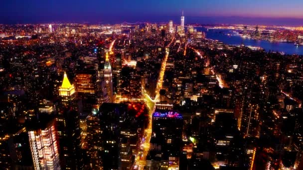 Nocny Widok Lotu Ptaka Nowego Jorku Niesamowite Musujące Światła Budynku — Wideo stockowe