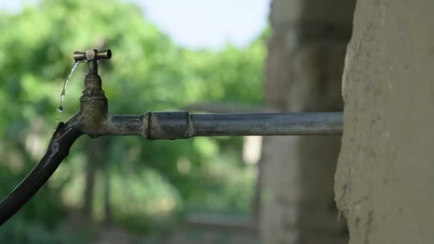 Outdoor Garten Zapfhahn Oder Wasserhahn Undichtes Wasser Für Hintergrund Sparen — Stockvideo