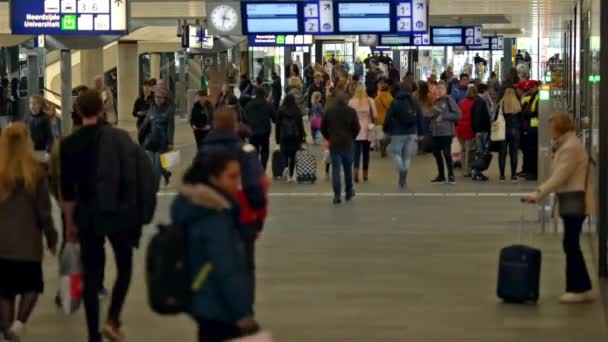 Estação Ferroviária Passageiros Estação Ferroviária Multidão Passageiros Esperando Corredor Estação — Vídeo de Stock