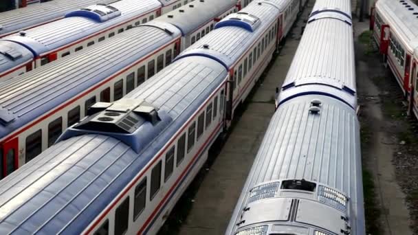 사람들은 기차를 기차를 사업을 도시의 대기중인 기차역 풍경을 따른다 — 비디오