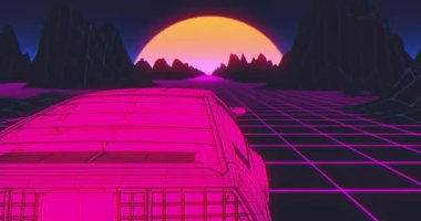 Otomobil Retro Günbatımı Ufuk çizgisi 80 'ler mor Feminist Neon Arka plan siber punk sentetik retrodalga süper araba