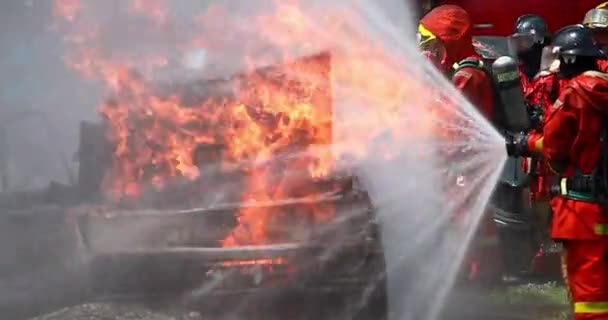 Fireman Firefighters Spraying Water Burning Pit Rescue Trained Fire Fighting — Stock Video