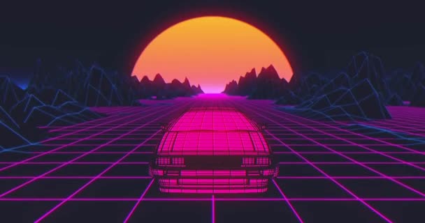 Car Retro Ηλιοβασίλεμα Ορίζοντα 80S Μωβ Φουτουριστικό Νέον Φόντο Cyberpunk — Αρχείο Βίντεο