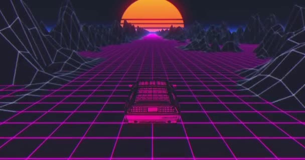 Car Retro Sunset Skyline 80S Púrpura Futurista Neón Fondo Cyberpunk — Vídeos de Stock