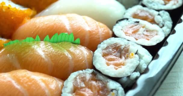 Macro Set Sushi Philadelphia Fresco Pesce Salmone Riso Pesce Asiatico — Video Stock