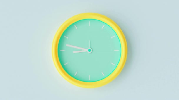 Relógio Azul Amarelo Parede Escritório Looping Animação Close Alarme Moderno — Vídeo de Stock