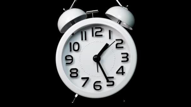 White Alarm Clock Running Timelapse Time Passing Isolated Black Background — Stock Video