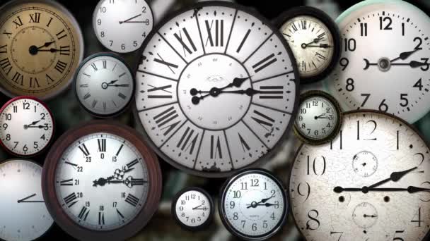 Timelapse Πολλά Στρογγυλά Ρολόγια Δείχνουν Διαφορετική Ώρα Αντίστροφη Μέτρηση Λεπτό — Αρχείο Βίντεο
