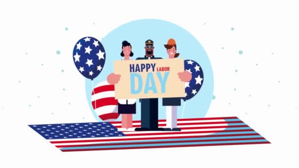 Animação Dia Trabalho Texto Sobre Feliz Tipo Diferente Trabalhadores Polícia — Vídeo de Stock