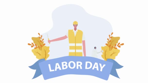 在快乐的不同类型的工人 建筑工人 4K高清背景下的劳动篇动画庆祝美国事件 — 图库视频影像