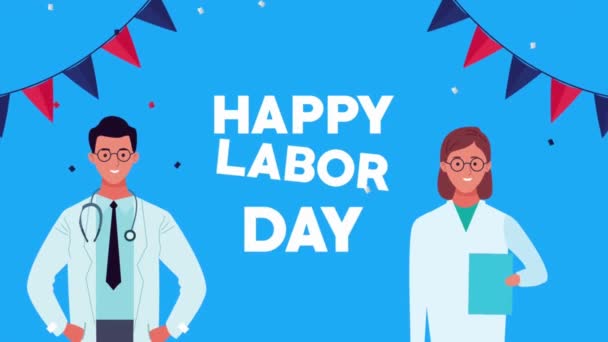 Americký Pracovní Den Událost Animace Video Karikatura Styl Lékařem Pracovník — Stock video